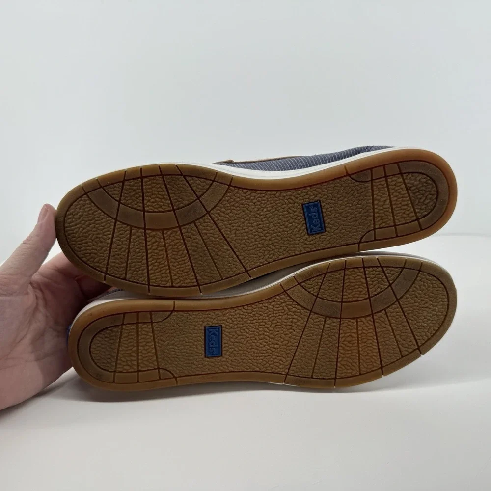 Keds Coastal Preppy Boat Shoes Navy Stripe Tan Trim Lace Up Comfort Size 8 Foam
